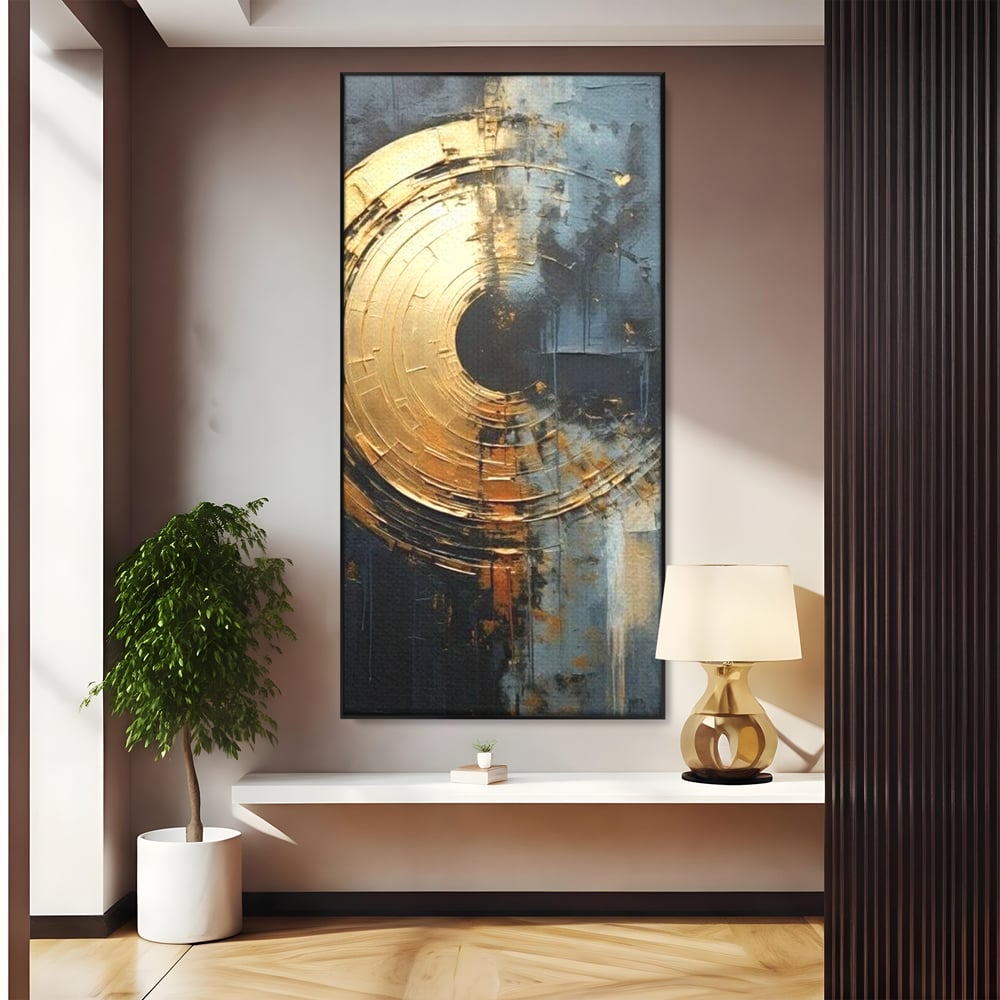 Tablou canvas cu tablou abstract cu cerc auriu, in rama de aluminiu negru